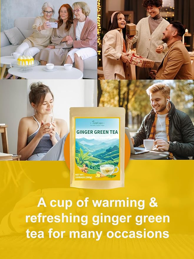 TeeLux Ginger Green Tea, Brisk Green Tea with Spicy Ginger, Zesty & Warm Flavor, Low Caffeine, 100 Count