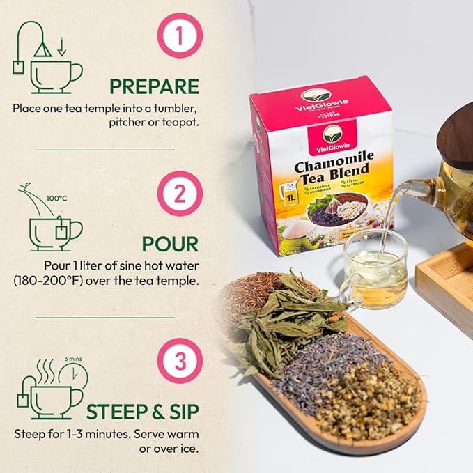 VietGlowie 20 Chamomile Blend Pyramid Tea Bags, 11.5g/Bag to 33oz, Chamomile, Lavender, Brown Rice, Stevia, Bedtime Tea, Sleep Support Herbal Tea, Caffeine-Free, 100% Natural, Corn-Based Tea Bags