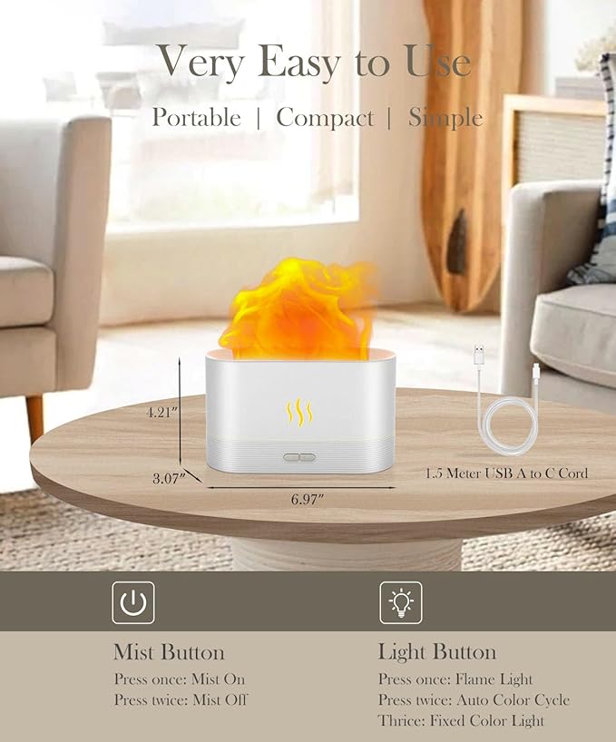 Essential Oil Diffuser,Humidifier with 7 Colors Flame Light,180ml Air Humidifiers for Bedroom, Home, Office, Gifts - Portable,Auto-Off Protection,4 Modes Mist(Black)