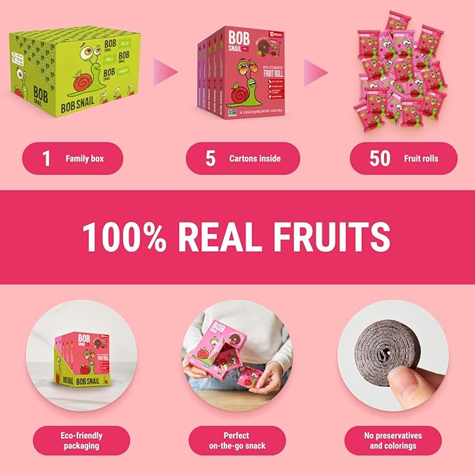 Bob Snail Exotic Mix Fruit Roll Ups – Healthy Sweets, Real Dried Fruits Snacks, No Added Sugar, Vegan, Nut Free, Candy for Adults and Kids – Flavour 50 pcs, 500g (SStrawberry & Raspberry)