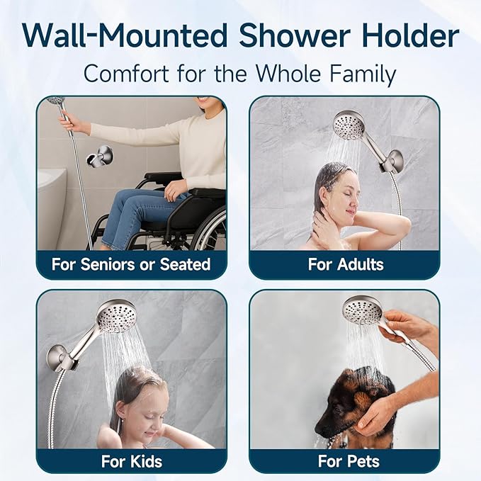 BRIGHT SHOWERS Handheld Shower Head Holder with Dual Angle Positions, Wall Suction Bracket Includes Adhesive 3M Disc, No Tools Required and Easy Installation, Brushed Nickel Finish