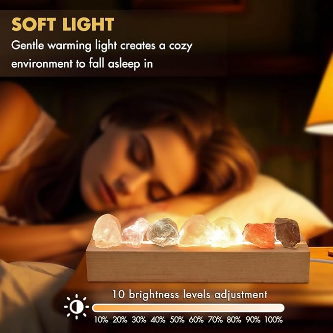 Healing Crystal Night Light,7 Chakra Stones Bedside Lamp,Mood Light with Wooden LED Light Base,Healing Stones Positive Energy Night Light for Home Decor Gifts (Plug-in)