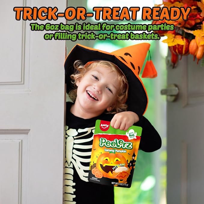 AMOS Peelerz Halloween Gummy Pumpkins, Peelable Orange Flavor Candy, Made with Real Fruit Juice, 6oz Resealable Bag