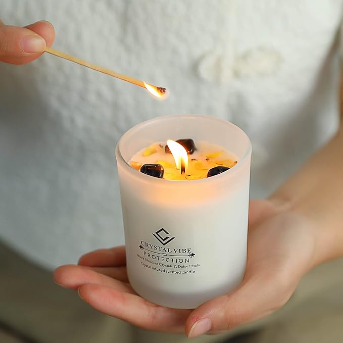 Crystal Vibe Protection Crystal Candle with Black Obsidian Crystals and Daisy Petals - Natural Soy Candles - Vanilla Scented Aromatherapy Candle Gifts for Christmas Birthdays