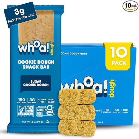 Whoa Dough Edible Cookie Dough Bars- Certified Non-GMO, Kosher and Gluten Free Bars - Healthy Snack Foods - Plant Based Snacks Made With Real Ingredients - Sugar Cookie Dough - 10 Pack