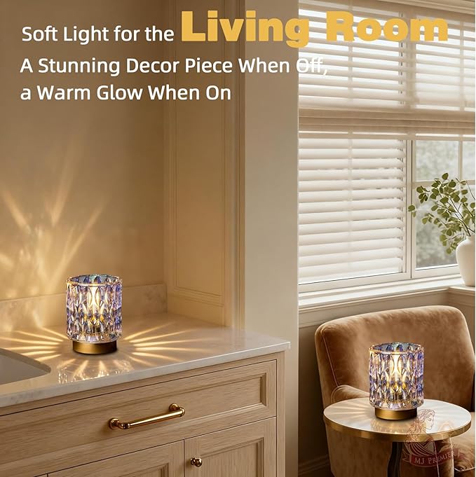 Battery Operated Table Lamps Timer, Mini Crystal Lamp for Area No Plug, Cordless Lamp with LED Bulb for Power Outage, Decorative Lamps for Tabletop/Corner/Entryway/Stairway/Bathroom/Fireplace(2*PEARL)