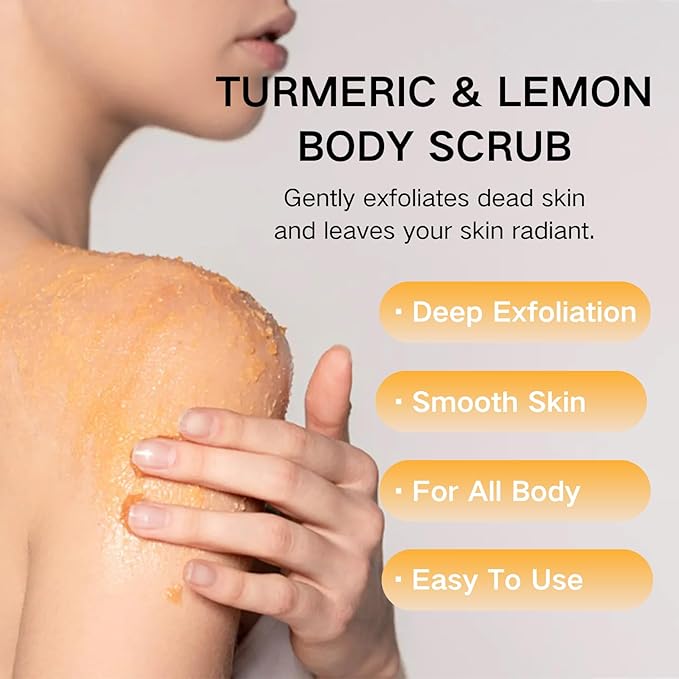 Turmeric Body Scrub Exfoliator with Loofah – Exfoliating Body Scrub for Face, Foot, Bikini Zone & Dead Skin Removal, Deep Cleansing Foot Scrub with Vitamin C for Smooth Skin, Acne Skin