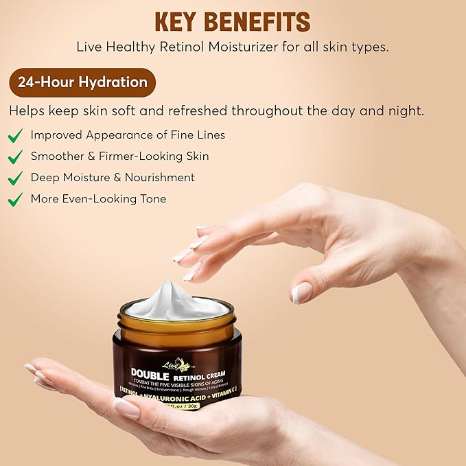 Live Healthy Retinol Cream for Face - Anti Aging, Day & Night, Face Moisturizer - Wrinkle Cream, Neck Creams for Tightening and Firming, Collagen, Hyaluronic Acid, for Men & Women |1.05 fl oz