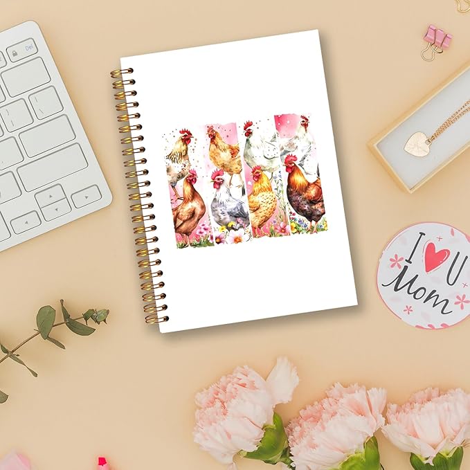 Floral Chicken Spiral Notebooks, Chickens Lover Gifts Journal, Chicken Mom Lady Gifts Journals for Writing, Funny Farm Animal Rooster Hen Notebook for Note Taking, 5.5x8.3 Inch