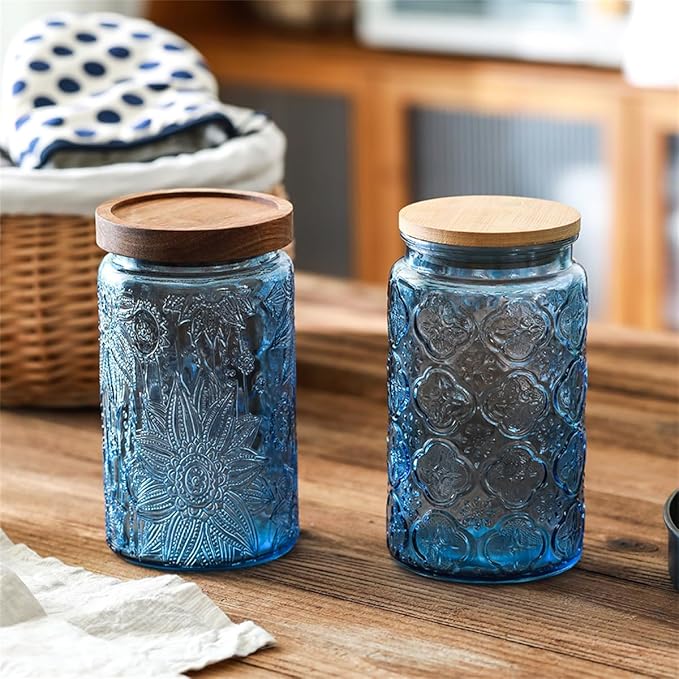 ANSQU Vintage Glass Jar with Solid Wood Lid, 34 FL OZ Blue Sunflower Decorative Jar, Glass Food Storage Container for Coffee, Tea Bags, Nuts, Sugar, Jam, Pet Food (Blue, 1 Pack)