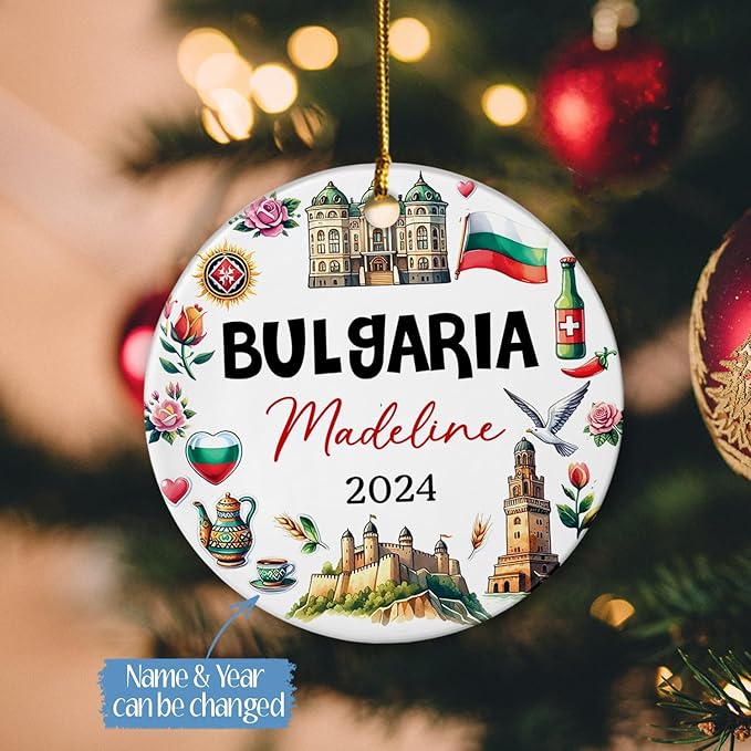 Bulgaria Landmark Ceramic Ornament, Personalized Bulgaria Christmas 2024 Souvenir, Custom Name Vacation Trip Ornament