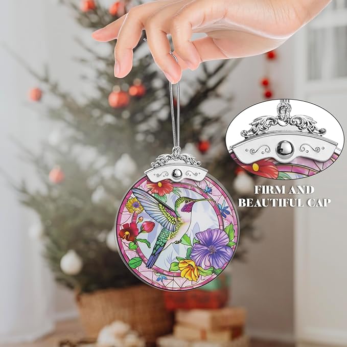 Christmas Tree Ornaments 3 Inch Clear Glass Blanks Round Print Ornament Christmas Hanging Decorative with Silver Ribbon (Bird)