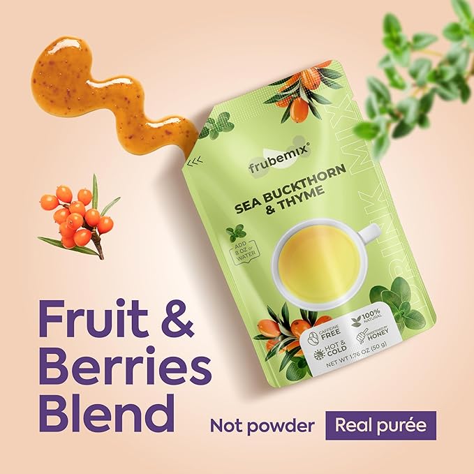 Frubemix Sea Buckthorn & Thyme – Honey Sweetened, Purée-Based Drink Mix | No Artificial Flavors | Sparkling Refreshers, Cocktails & Mocktails | Hot or Iced (10 Count)