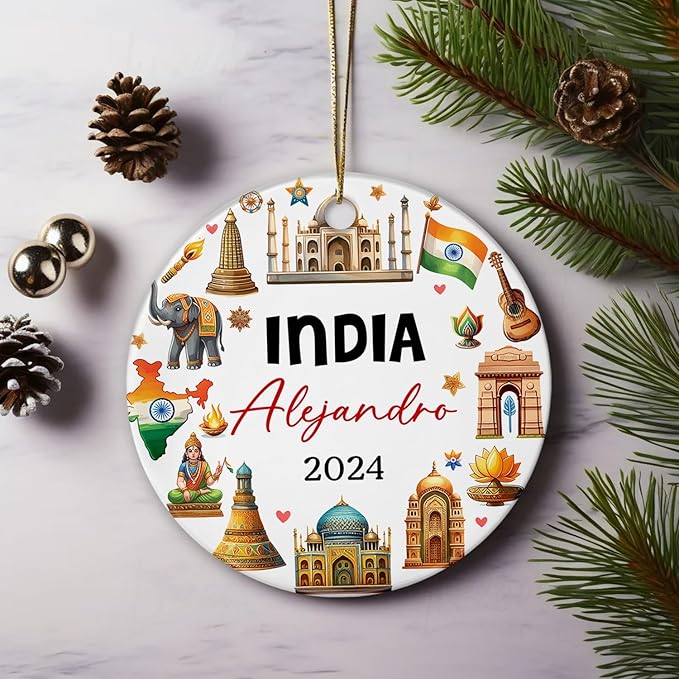 India Vacation Souvenir Christmas Ornament 2025 - Personalized Landmarks Ceramic Xmas Decor, Travel Country Tree Custom Name Taj Mahal Indian Heritage