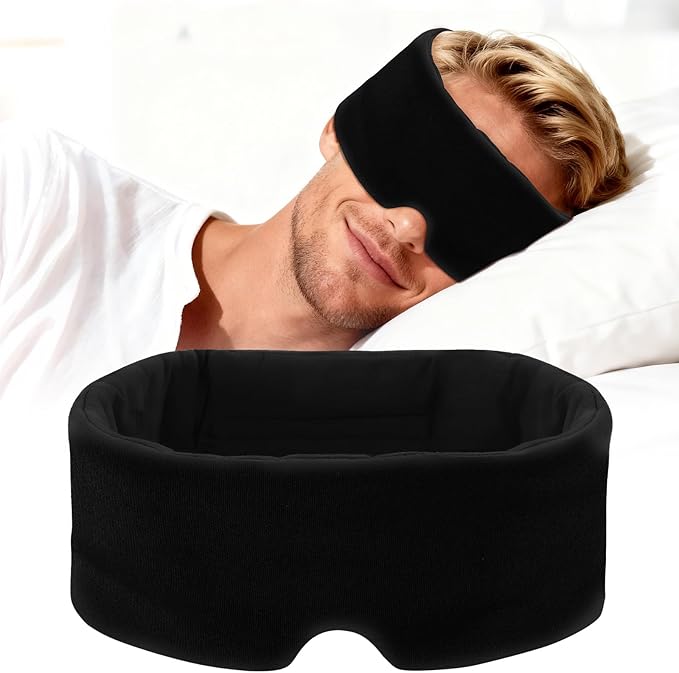 Cotton Sleep Eye Mask for Women Men, 100% Blocking Light Eye Mask Sleeping for Side Sleeper, Soft Zero Pressure Cooling Blackout Eye Covers for Sleeping, Sleep Mask fits All Heads Adjustable（Black）