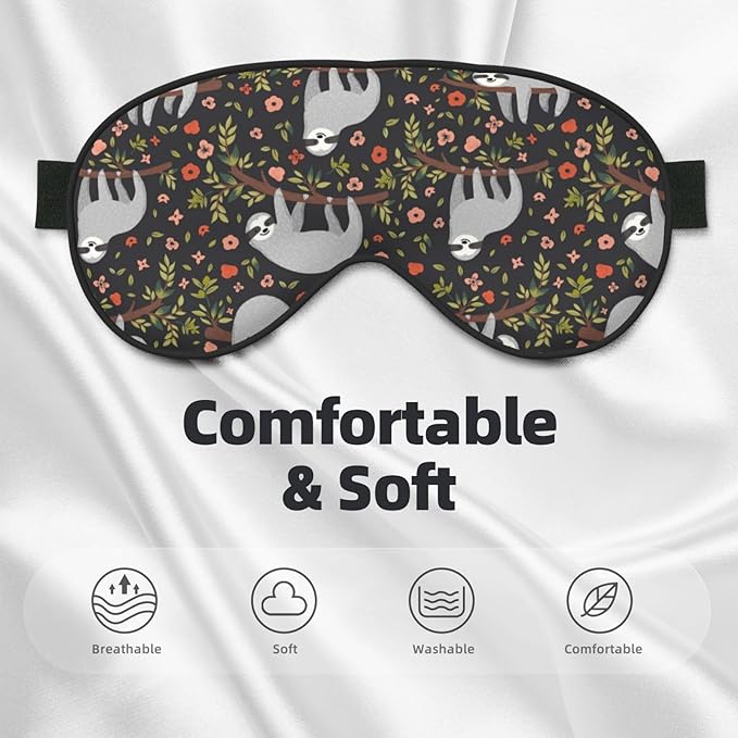 Cute Funny Sloth Floral Sleep Mask, Soft Comfort Eye Shade, Blackout Eye Cover for Deep Rest, Travel, Nap, Meditation