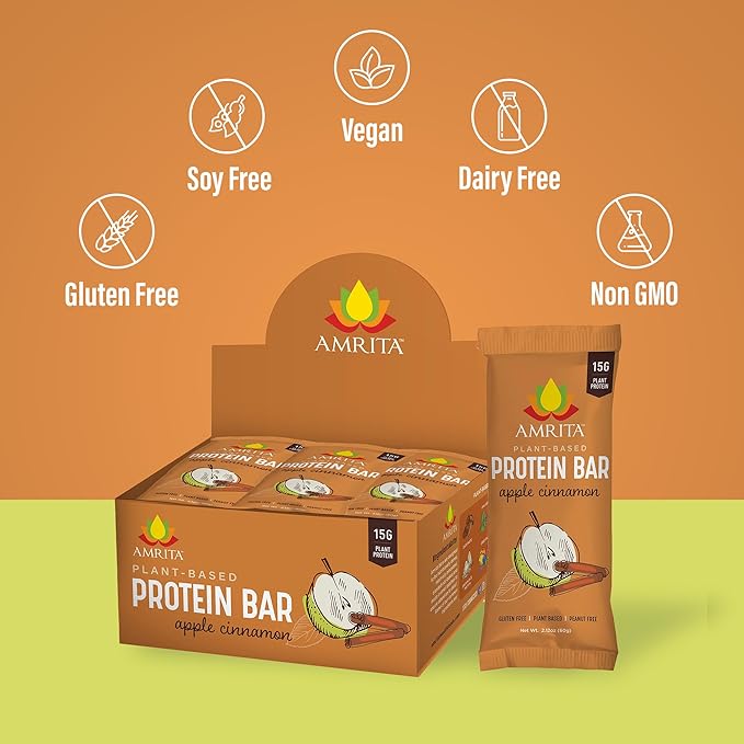 Amrita Nut Free Apple Cinnamon Vegan Protein Bars (12 Count PK of 3) | 11g Plant-Based Protein Bar | Peanut Free, Gluten Free, and Dairy Free | Low Sugar, High Fiber, Healthy School-Safe Snacks
