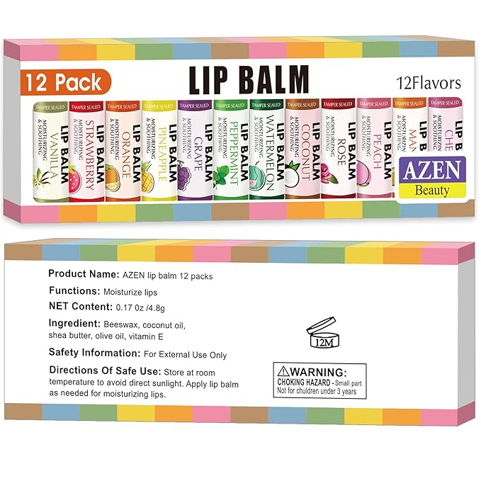 AZEN 12 Pack Lip Balm, Natural Lip Balm Bulk, Lip Care Product, Moisturizing Lip Balms for dry cracked lips - 12 Flavors