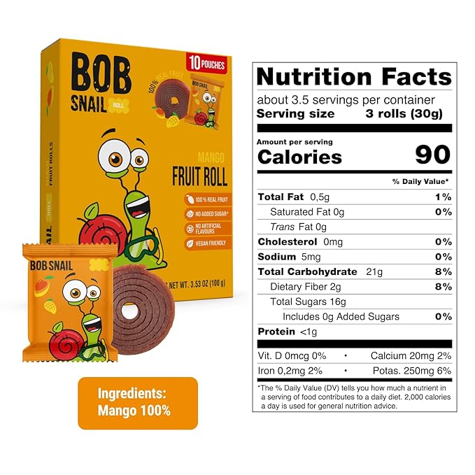 Bob Snail Fruit Roll Ups – Healthy Sweets Snacks, Real Dried Fruits, No Added Sugar, Vegan, Nut Free, Candy for Adults, Kids, with – Bulk 50 pcs Rolls, 500g (Mango)