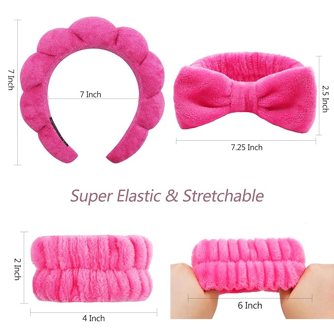 VELSCRUN 6 Pack Spa Headband, Makeup Headbands, Face Wash Headband, Skincare Headbands, Rose Pink Sponge Hair Band Bow Tie Spa Head Band for Washing Face Wristband Set Women Girls Hair Accessories