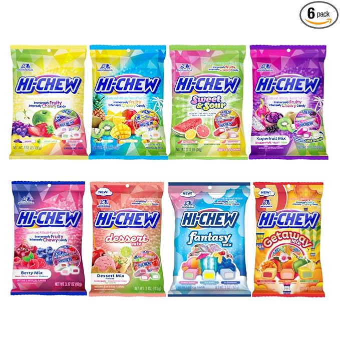 HI-CHEW Variety Mix, Pack of 8 Bags - 23 Asst Flavors including Getaway Mix - Unique Fun Soft & Chewy Taffy Halloween Candy - Immensely Juicy Fruit Flavors - Individually Wrapped for Sharing