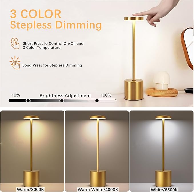2 Pack LED Cordless Table Lamps, 3 Color Stepless Dimming Battery Powered Lamp, Portable Rechargeable Table Lamp for Dinner/Bars/Patio/Restaurant/Bedroom (Gold)