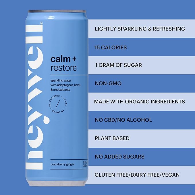 Heywell Sparkling Adaptogenic Water Calm and Restore, Blackberry Ginger Flavor 12 Fluid Ounce (Pack of 12) - Non Caffeinated, Organic, Non GMO, Vegan, Gluten Free, Dairy Free