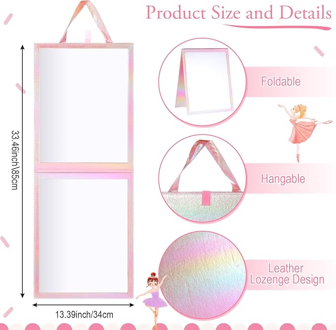 Chunful Foldable Backstage Mirror with Handle Holographic 33.5 X 13.4 Inch Folding Hanging Mirror Rectangular for Travel Dance Bag Home Fitness Spa Gift for Dancers(Pink)