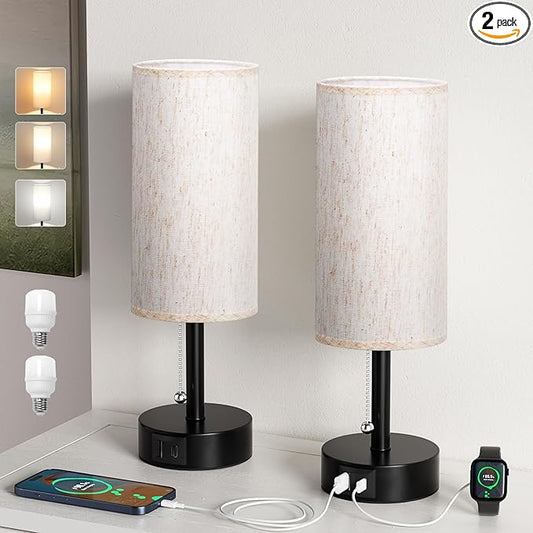 Fenmzee USB Bedside Table Lamps Set of 2-3 Color Temperatures Pull Chain Lamp with USB C and A Charging Ports, Round Night Stand Lamps for Bedroom