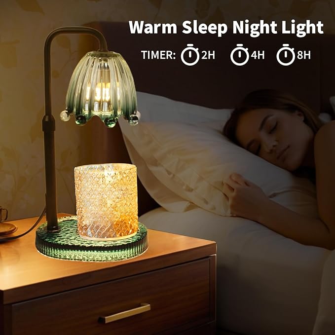 Candle Warmer Lamp with Timer: Adjustable Height and 4 Dimmer, Crystal Glass Base, Heater Wax Warmer for Jar Scented, Home Décor and Housewarming & Birthday Gift for Mom Woman, 2 Bulbs (Crown Green)