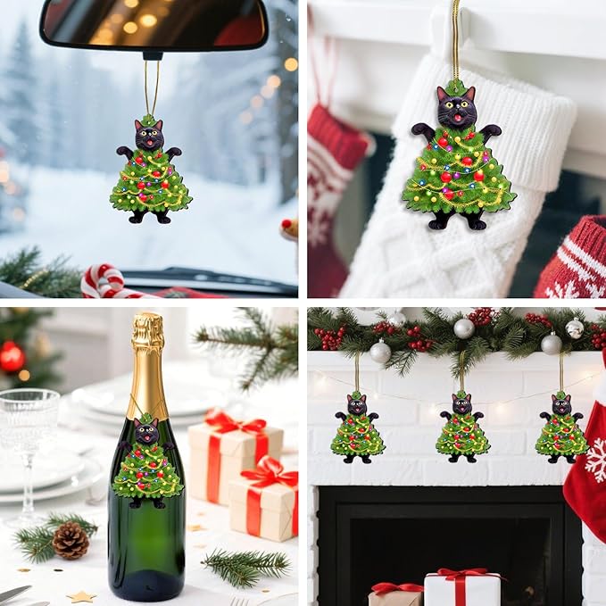 Black Cat Wooden Ornament - Cute Screaming Cat Decorative Pendant - Black Cat Hanging Gifts for Cat Lovers - 2 Side Printed Christmas Tree Ornament