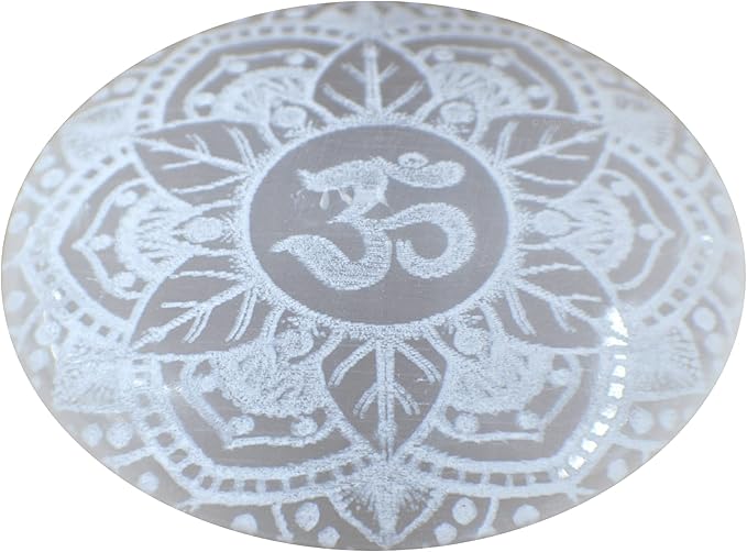 Amazing Gemstone Selenite Palm Stone - OM Engraved Hot Massage Worry Stone for Natural Body Chakra Balancing, Reiki Healing and Crystal Grid