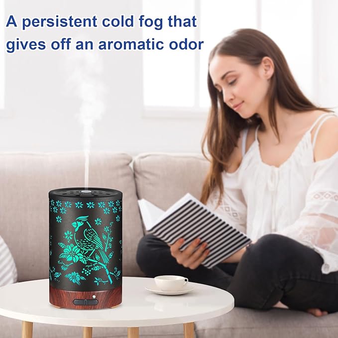 Essential Oil Diffuser- Aromatherapy Diffuser with7 Colors Light, and Auto-Off -Metal Cool Mist Humidifier for Home and Office（Red Bird）…