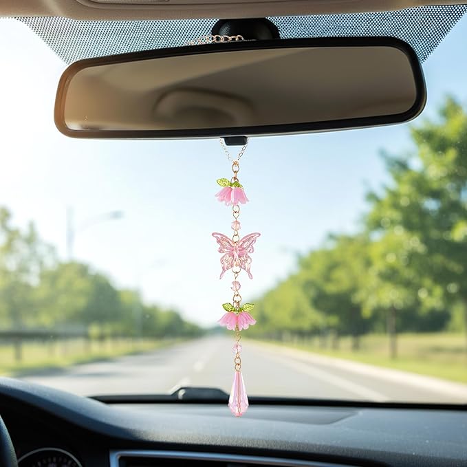 Butterfly Crystal Car Rearview Mirror Charm - Pink Lily of The Valley Flower Beaded Pendant, Elegant Hanging Cars Interior Decor Ornament & Accessories, for Women