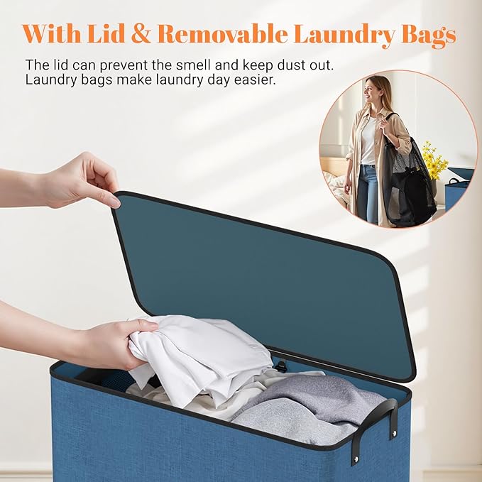 Large Double Laundry Hamper with Lid, Removable Bags & Reinforced Handles, 2 Section Tall Laundry Basket, Dirty Clothes Hampers for Laundry Room, Bedroom, Bathroom, Dorm, 136L, Blue