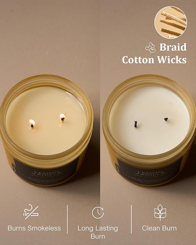 M&SENSE Candles Lemon Vanilla Scented, 11.6oz 70 Hour Long Lasting Candles for Home, 2 Wick Natural Soy Wax in Glass Jar, Stress Relief Gifts for Women and Men