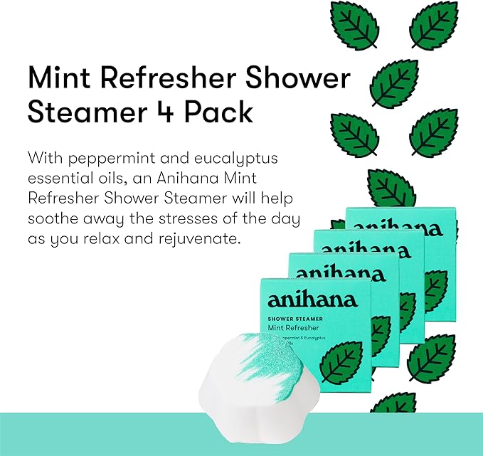 ANIHANA Shower Steamers 4 Pack with Peppermint and Eucalyptus Essential Oils, Paraben Free, Cruelty Free, Mint Refresher Scent, 1.76 oz Each