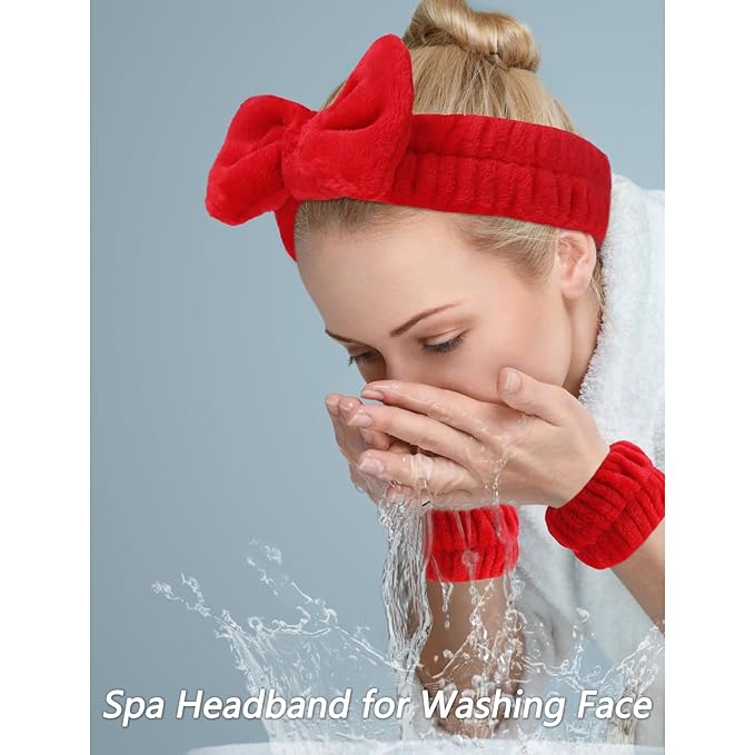 Velscrun 6 Pack Spa Headband, Makeup Headband, Face Wash Headbands, Skincare Headbands, Red Sponge Hair Band Bow Tie Spa Head Band for Washing Face Wristband Set Hair Accessories for Women Girls Gifts