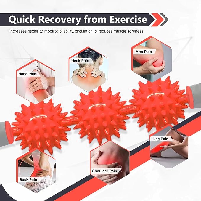 Fascia Muscle Roller, Cellulite Massager Fascia Roller for Cellulite and Sore Muscles, Neck, Leg, Back, Pressure Trigger Point Body Roller Deep Tissue Massage Stick Tools - 3 Massage Balls | Red