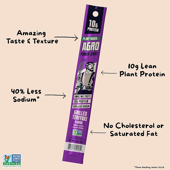 AGRO POWER Vegan Jerky Sticks, Teriyaki Flavor Plant-Based, 7 Stick Bag with 10g Protein, Non-GMO, 40% Less Sodium, Zero Cholesterol, Meat Alternative, High Protein Snack for Lunch, On-the-Go Fuel