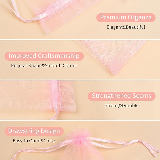 50 Pcs Pink Organza Bags 6x9 Inch, Mesh Drawstring Pouch Bags for Gifts, Jewelry, Wedding Party Favors