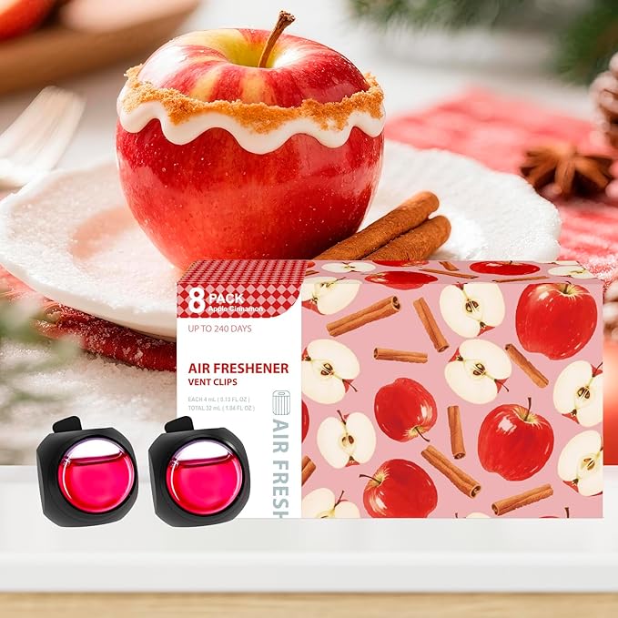Car Air Freshener Vent Clips, 8 Pack, Provides Long-Lasting Scent, Up to 240 Days, Odor Eliminator (Apple Cinnamon)