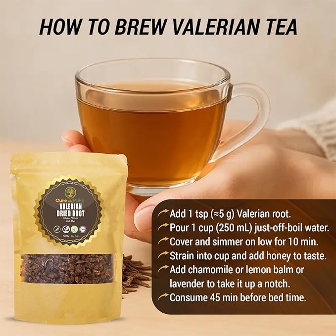 Cure wid Pure Organic Valerian Root Tea - Cut,Sifted & Non-Irradiated Valerian Tea Promotes Natural Relaxing Sleep - Te De Valeriana officinalis in Resealable Eco Friendly Pouch 4oz