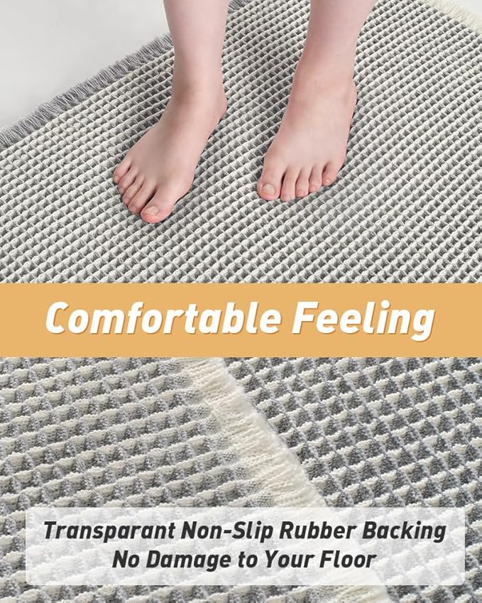 AMOAMI Upgraded Waffle Runner Rug Super Absorbent Non Slip Bath Mats for Bathroom Machine Washable Bathroom Runner Rug with Tassels, Ideal for Hallway Bedroom Laundry Room, 2' x 5', LightGrey & Cream