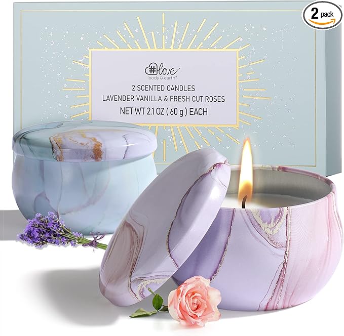 2-Pack Soy Candles Gift Set - Lavender, Vanilla, Rose Scents in Portable Tin Jars - for Home, Travel, Spa