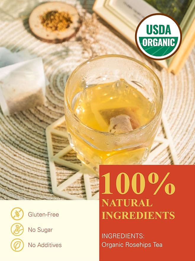 GLDNT Organic Rosehips Tea Bags, Organic Rose Hips, Fruity Flavor and Aroma, Caffeine Free, 100 Count