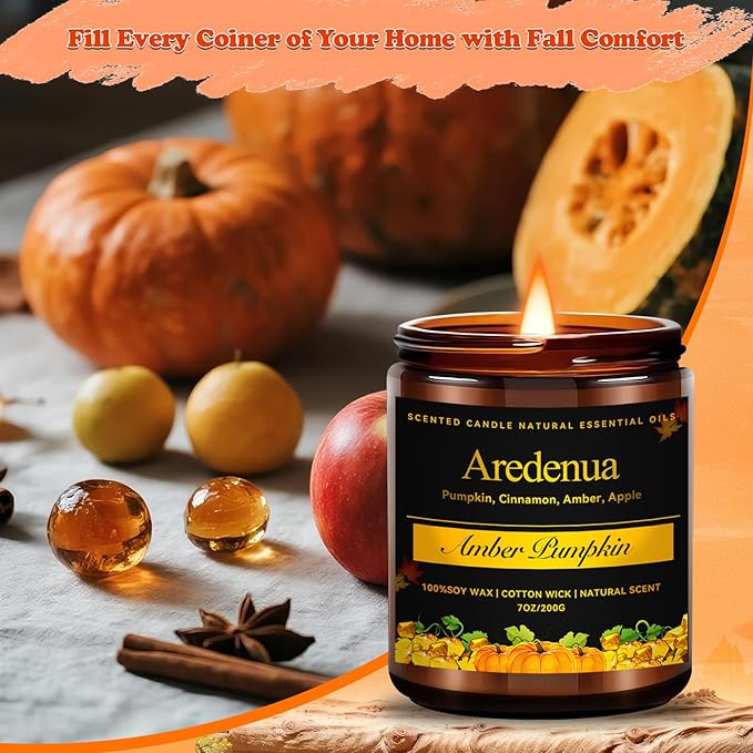 Amber Pumpkin Candle | Fall Pumpkin Candles - Scented Candle for Autumn, 7oz Soy Candles for Home Scented, 50 Hours Burn Time, Harvest Holiday/Halloween/Thanksgiving Fall Gifts for Women Men
