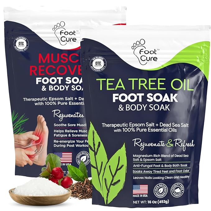 FOOT CURE Tea Tree Oil & Muscle Foot Soak with Epsom Salts - All-Natural Salts for Post-Workout Recovery - Softens Calluses, Soothes Sore & Tired Feet, Foot Odor Control, Spa Pedicure (Pack of 2)