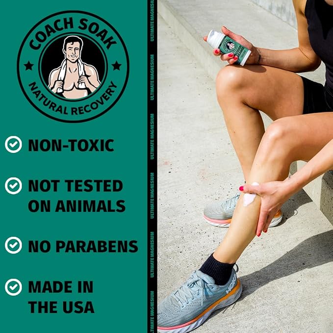 Coach Soak Magnesium Cream with MSM in Pump Bottle - Natural Recovery Cream with Magnesium Chloride & Menthol - Fast-Absorbing for Muscles & Joints, Cooling Menthol, 3.4oz