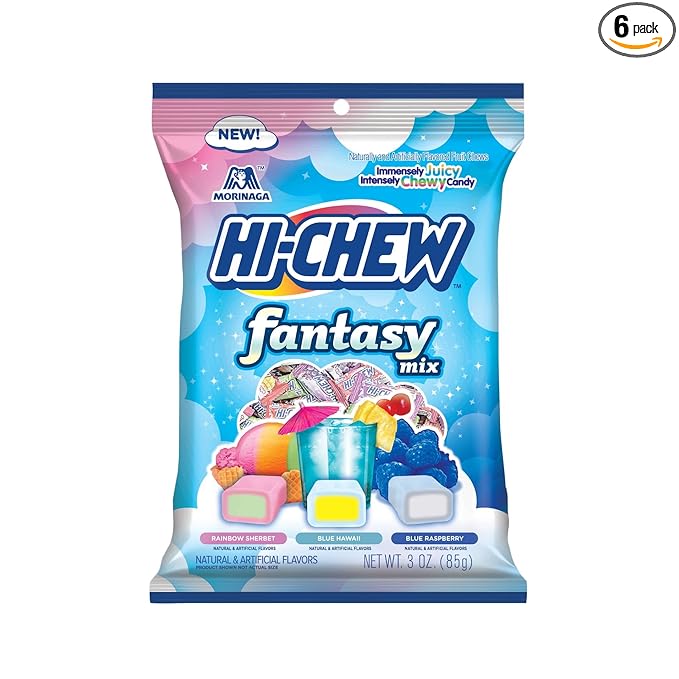 HI-CHEW Fantasy Mix, 6 Bags, 3oz each - Rainbow Sherbet Blue Hawaii Blue Raspberry - Unique Fun Soft & Chewy Halloween Candy - Immensely Juicy Fruity Candy Flavors - Individually Wrapped for Sharing